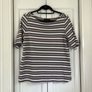 Banana Republic Bateau Neck Jersey Knit Top Taupe & White Stripes Cotton Size M